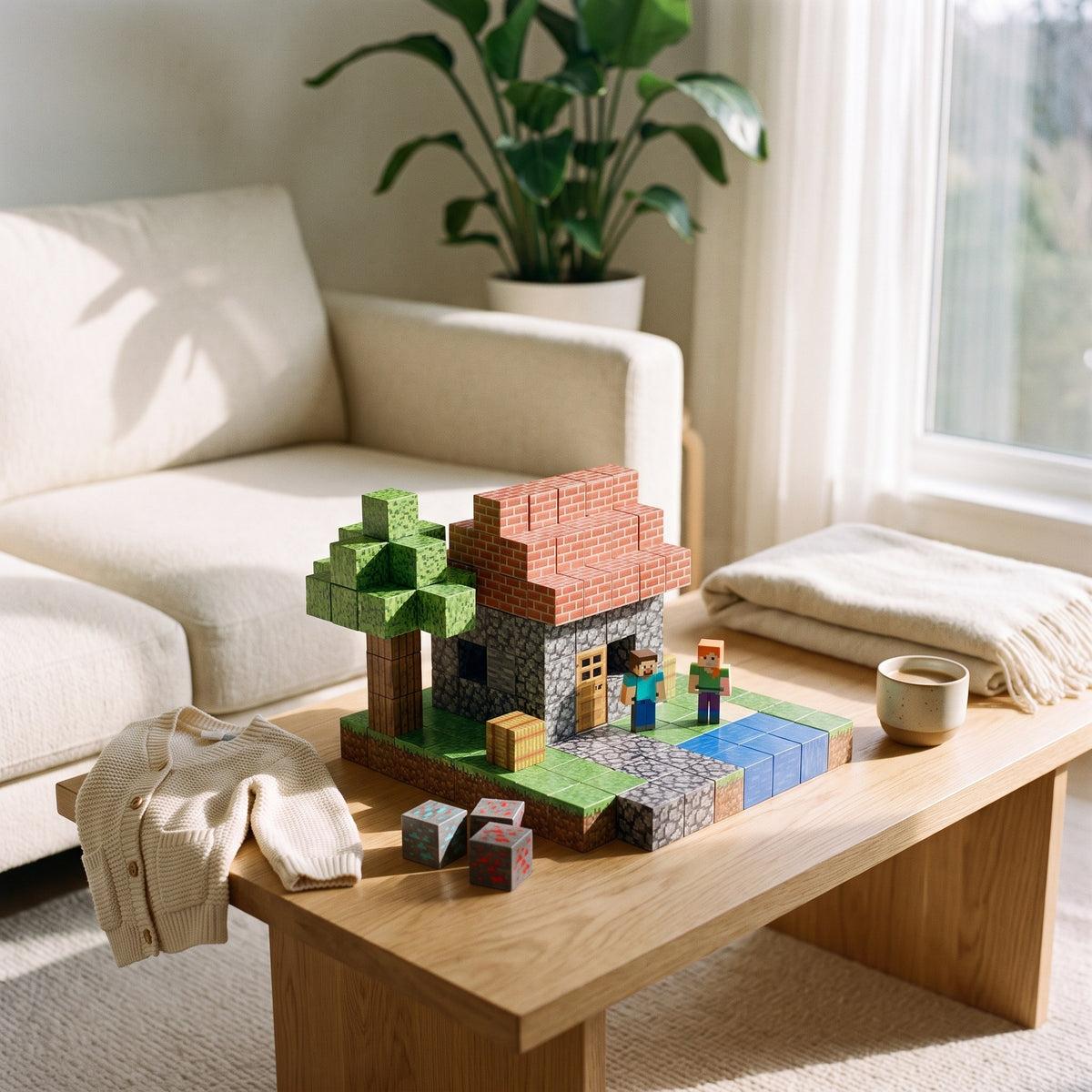 Cottage, tree and pond built from magnetic pixel cubes