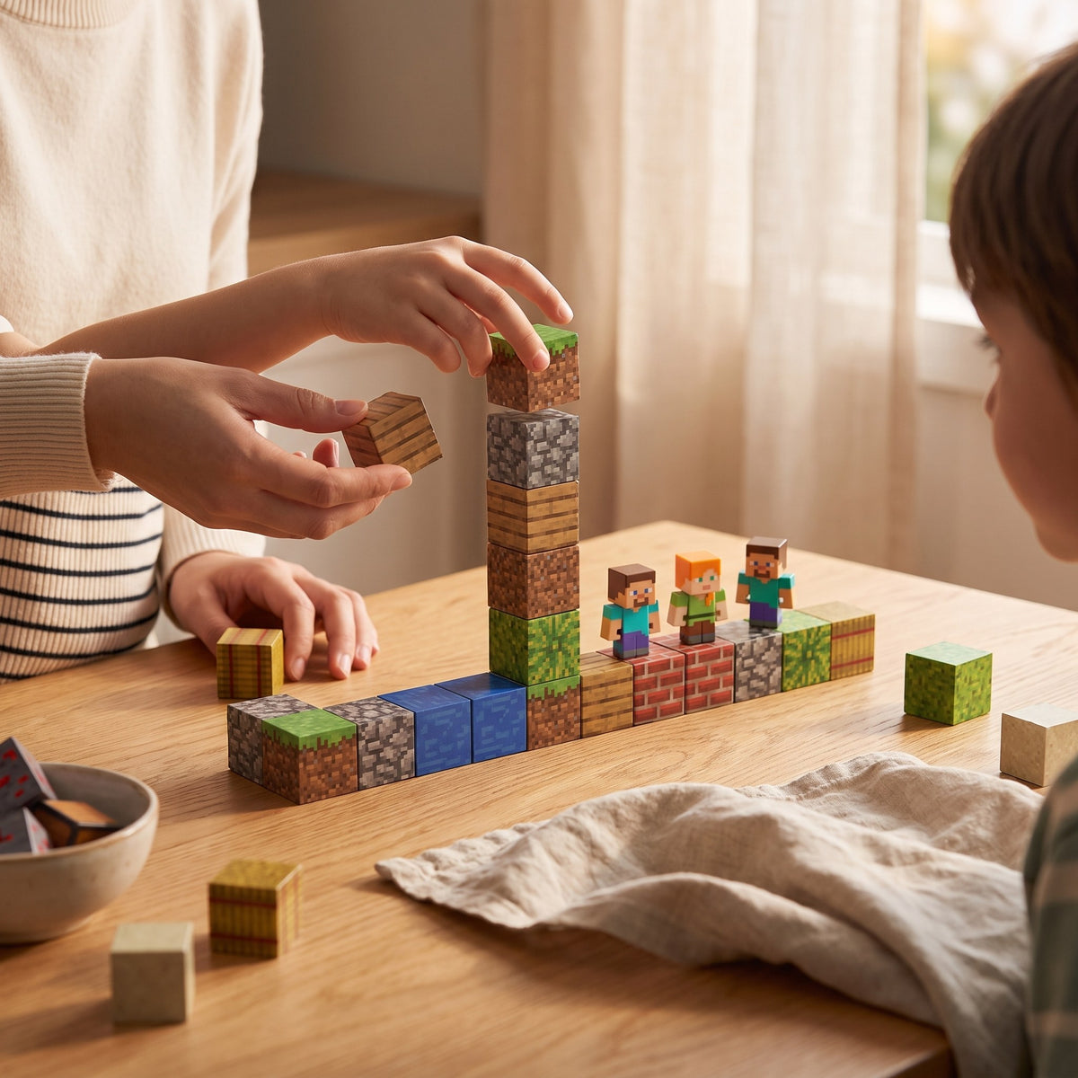 Parent and child building with magnetic pixel cubes