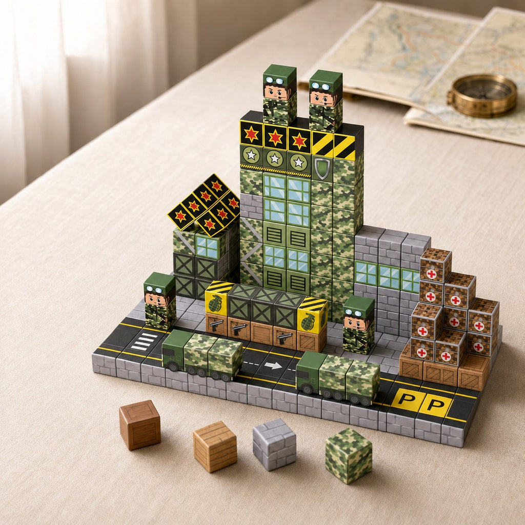 Military Base magnetic building cubes, 100 cubes set built on a table