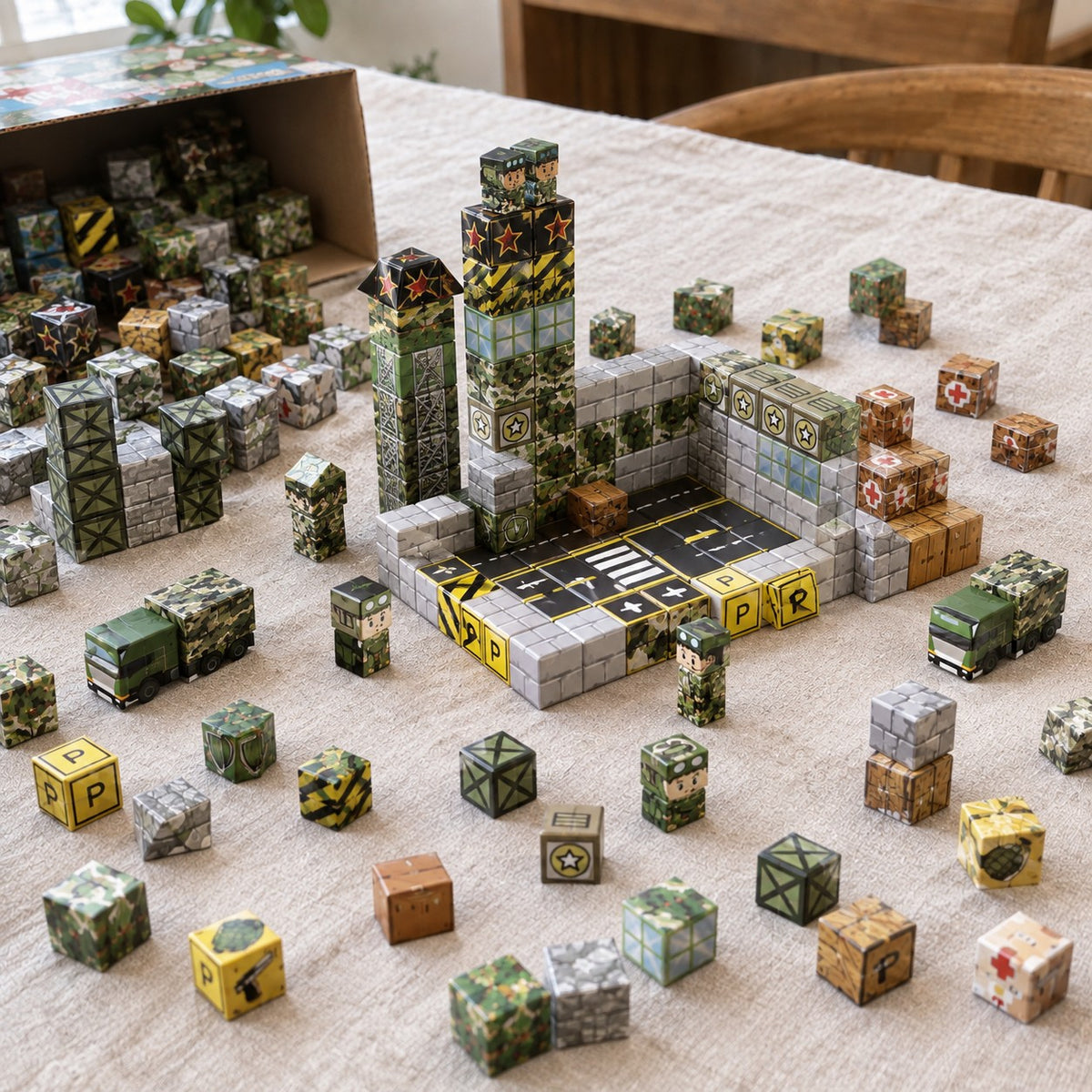 Military Base magnetic cubes spread on the table, build in progress