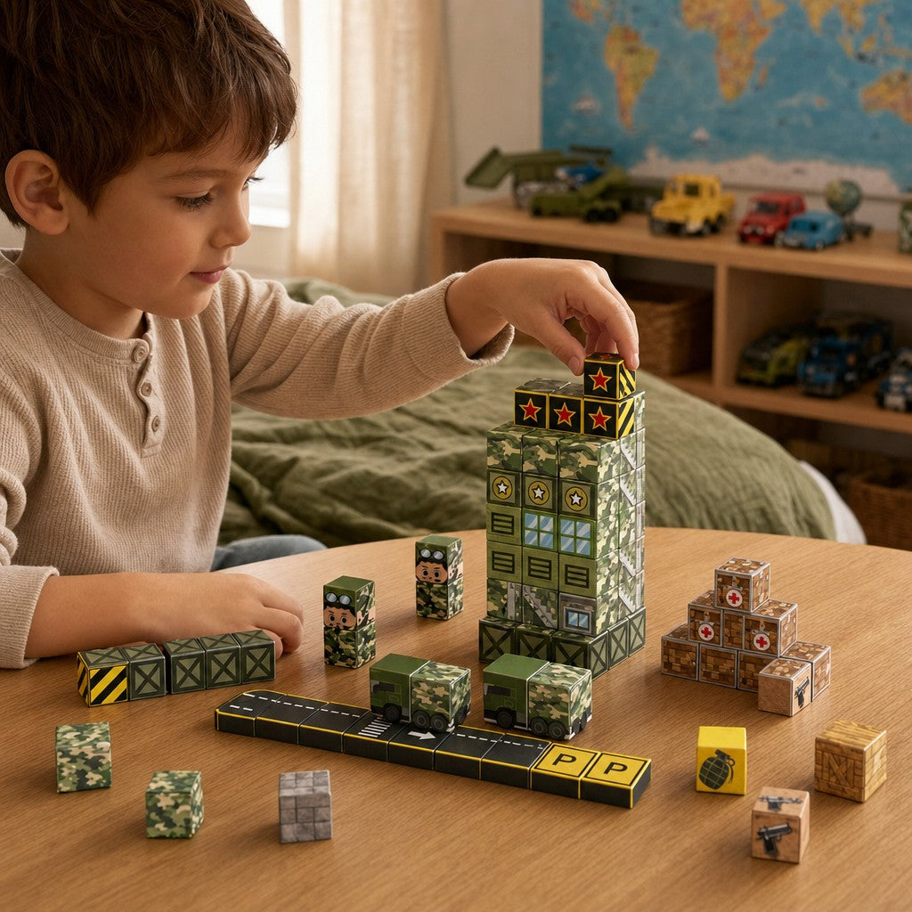 Child building the Military Base set with magnetic cubes