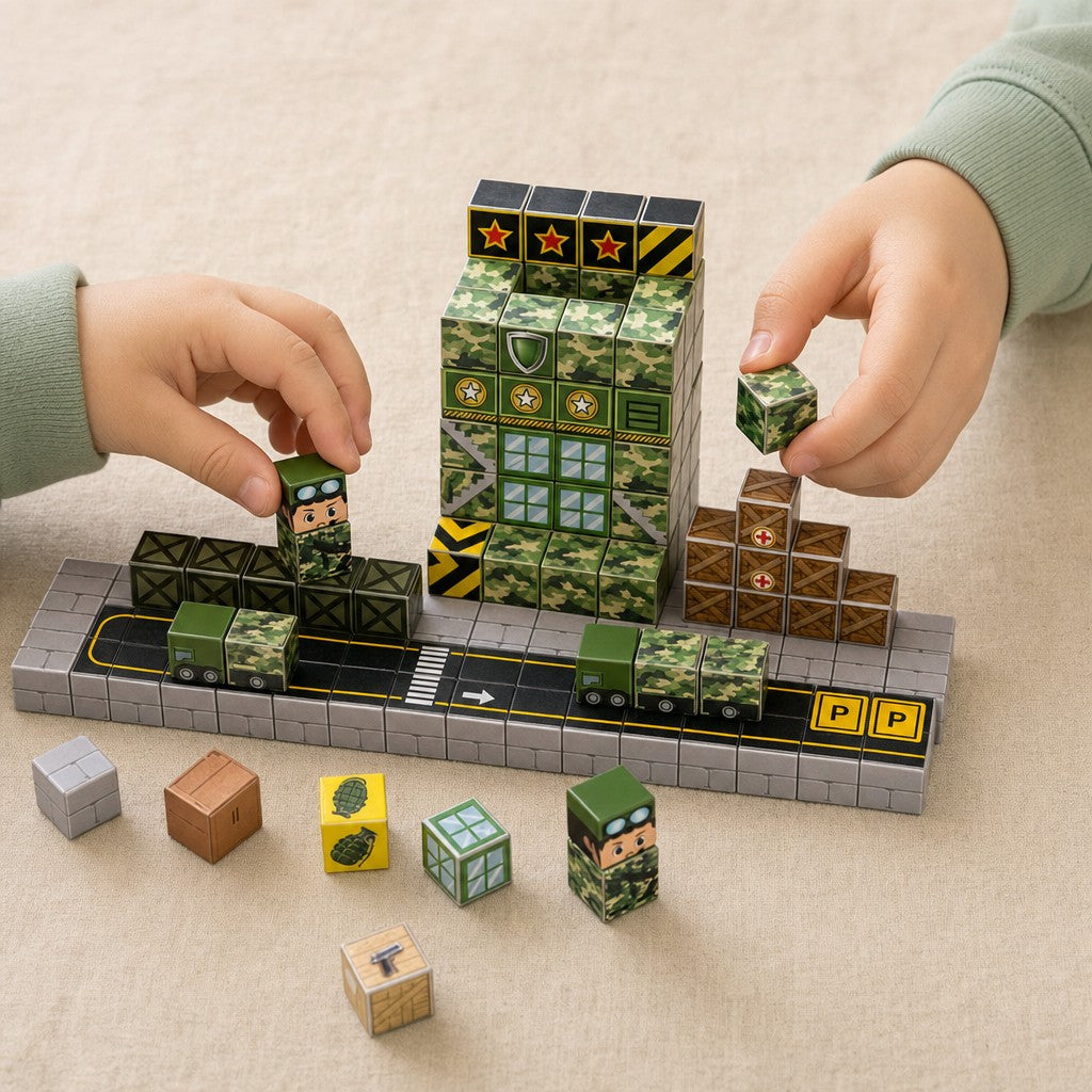 Child's hands building the Military Base magnetic cube set