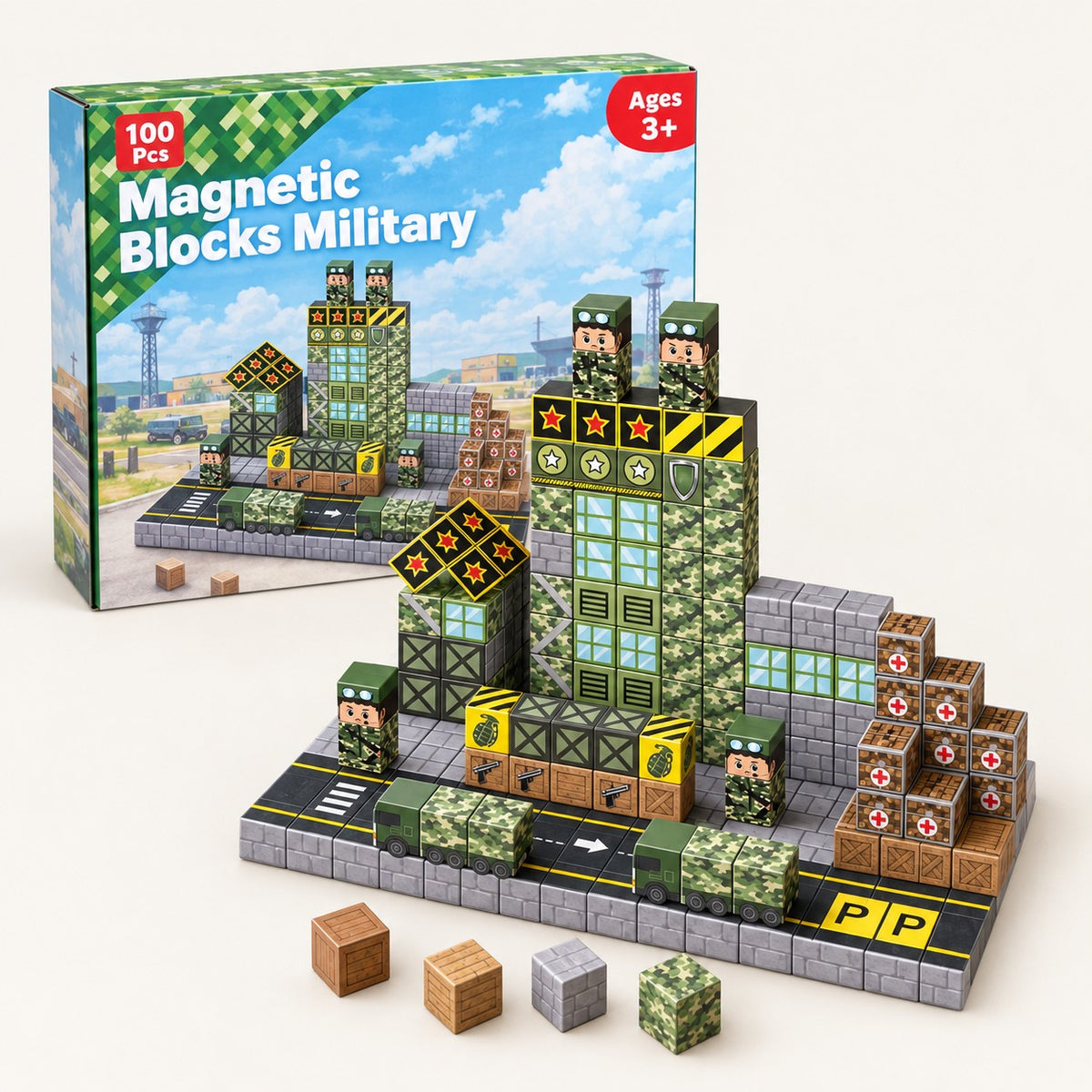 Military Base magnetic building cubes set with its box