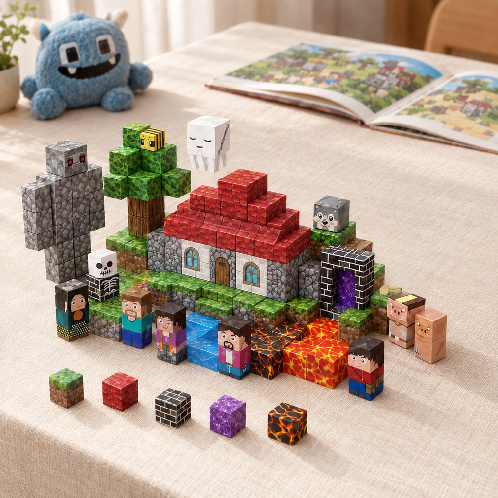 Monster World magnetic building cubes, 150 cubes set built on a table