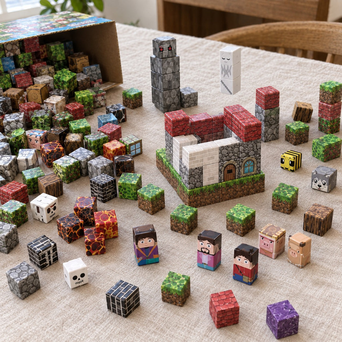 Monster World magnetic cubes spread on the table, build in progress