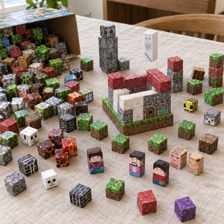 Monster World magnetic cubes spread on the table, build in progress