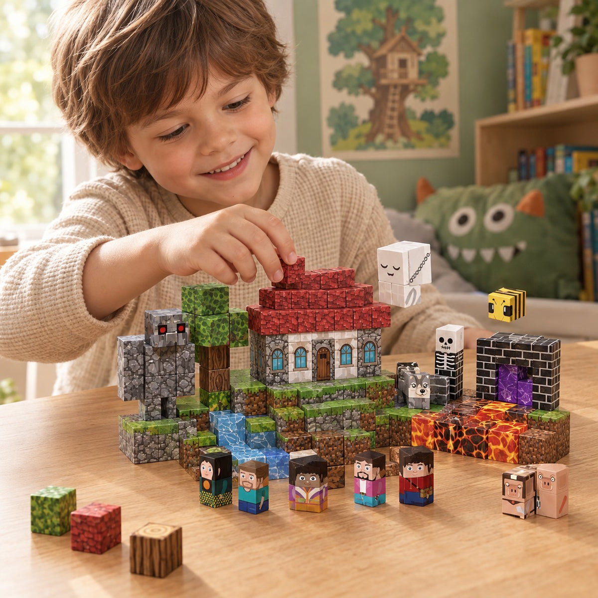 Child building the Monster World set with magnetic cubes