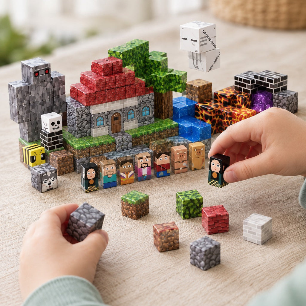 Child's hands building the Monster World magnetic cube set