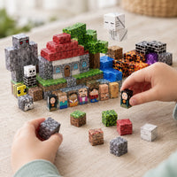 Child's hands building the Monster World magnetic cube set