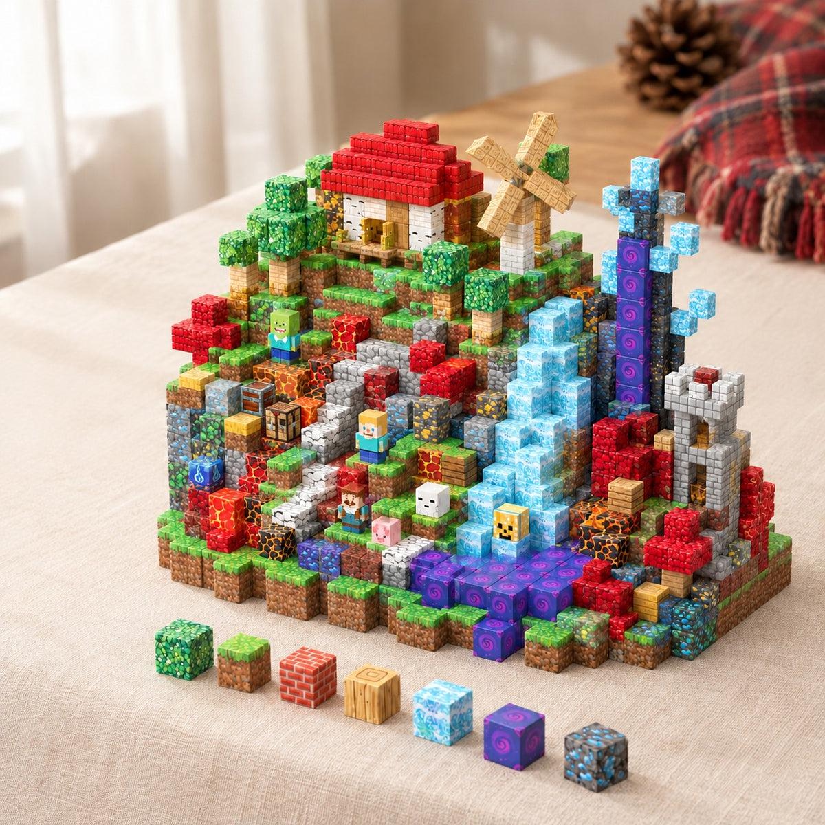 Mountain Lodge magnetic building cubes, 600 cubes set built on a table