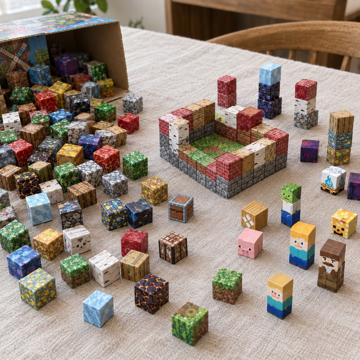 Mountain Lodge magnetic cubes spread on the table, build in progress