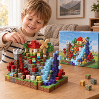 Child building the Mountain Lodge set with magnetic cubes