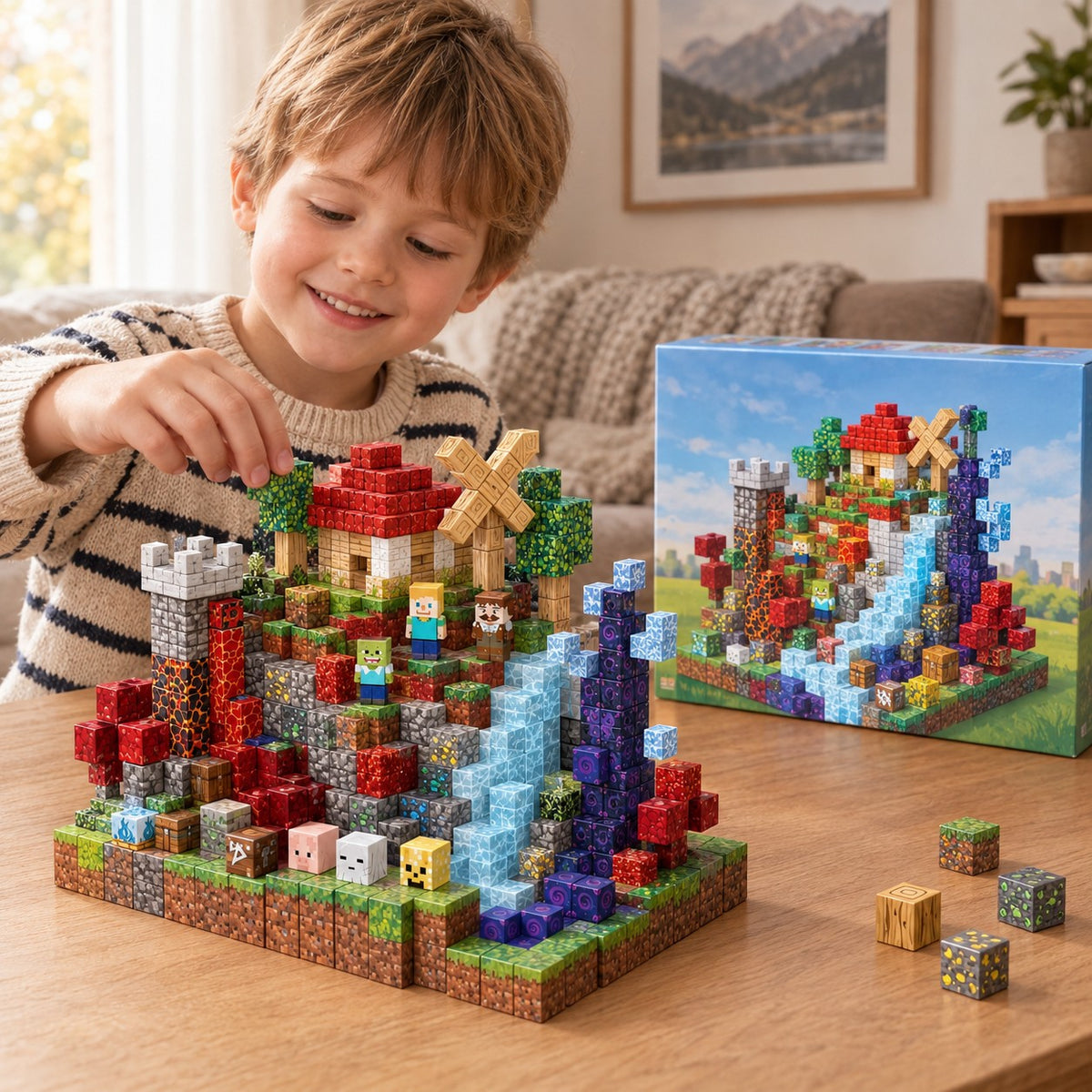 Child building the Mountain Lodge set with magnetic cubes