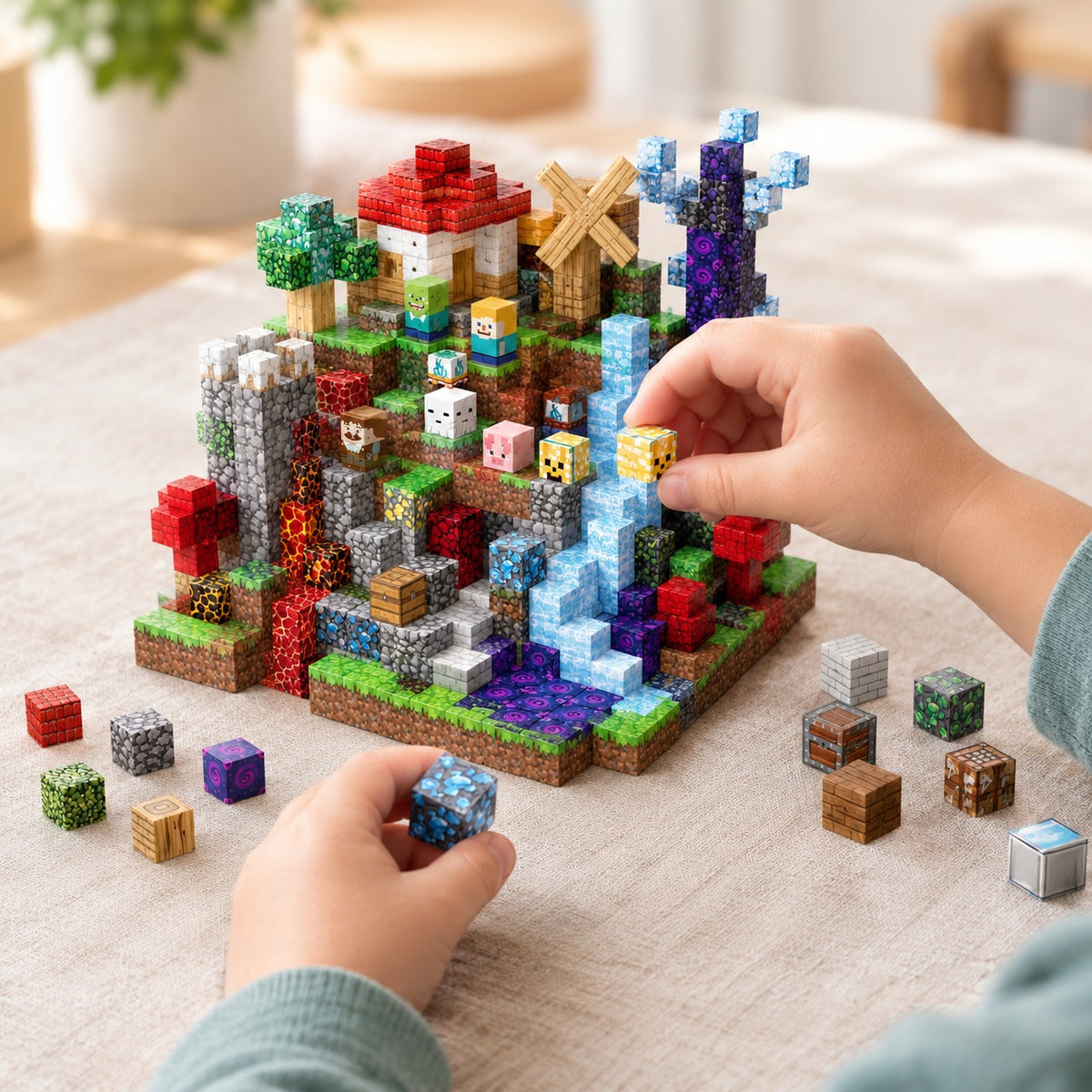 Child's hands building the Mountain Lodge magnetic cube set