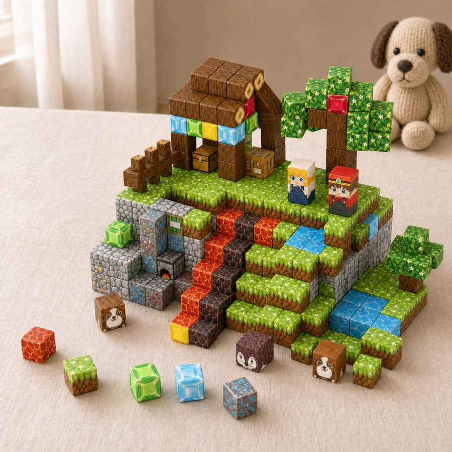 Pet Paradise magnetic building cubes, 100 cubes set built on a table