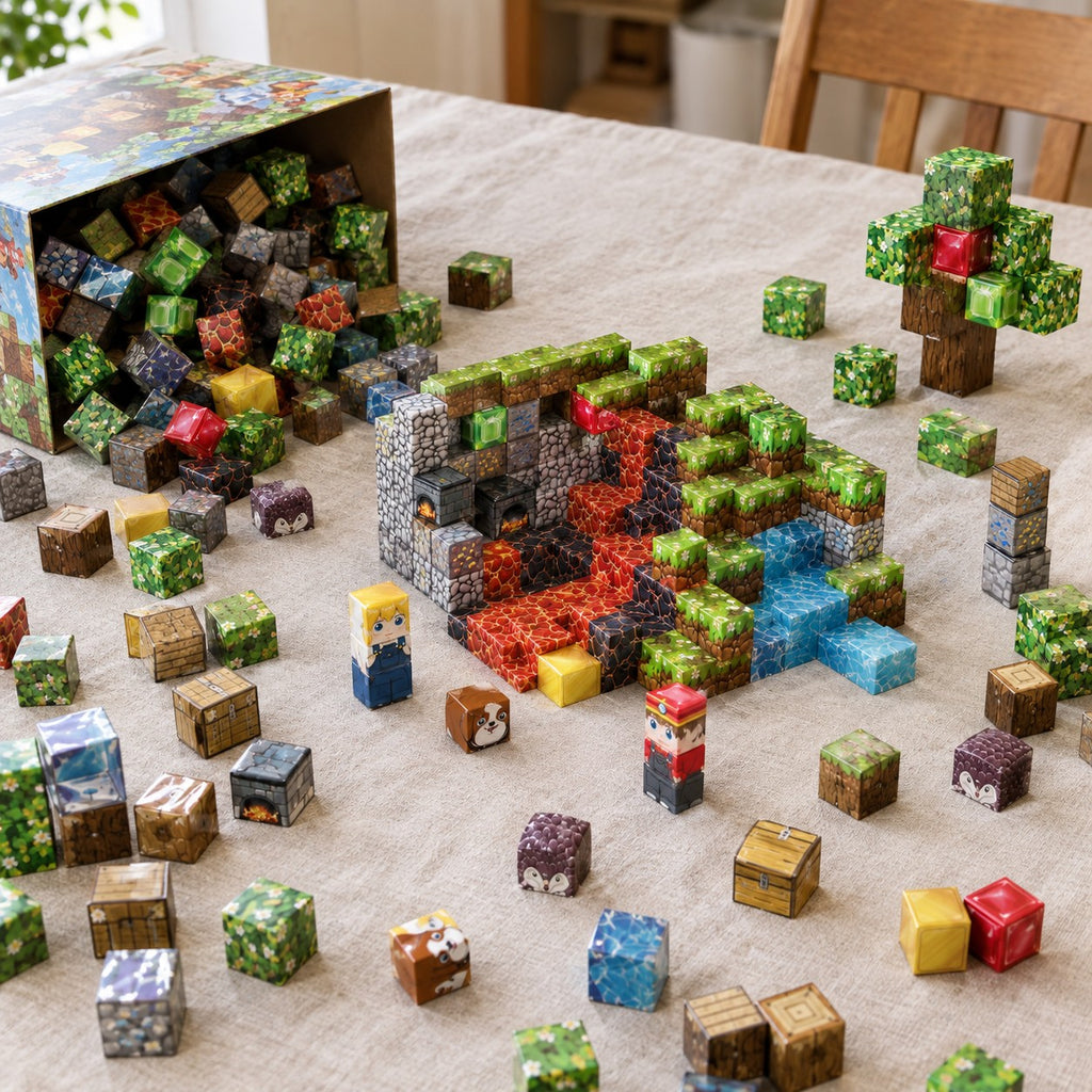 Pet Paradise magnetic cubes spread on the table, build in progress