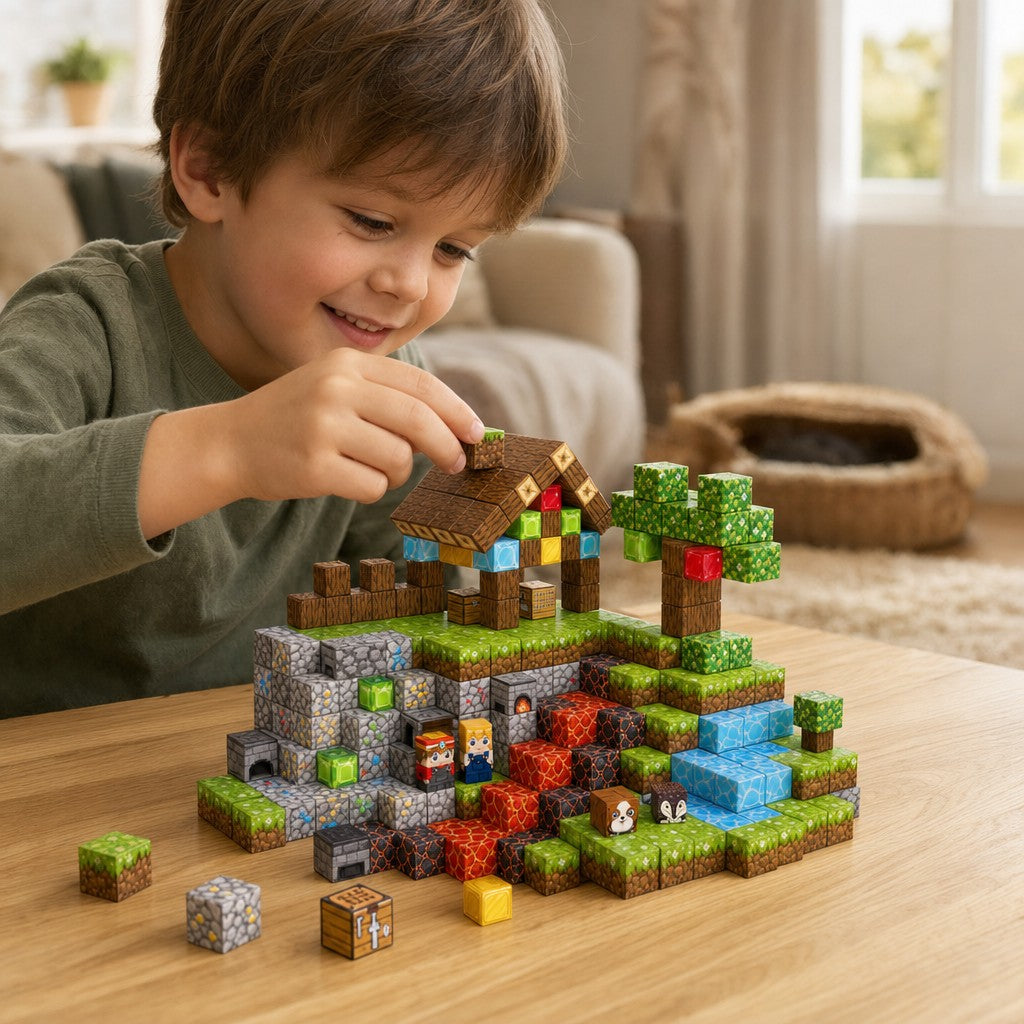 Child building the Pet Paradise set with magnetic cubes