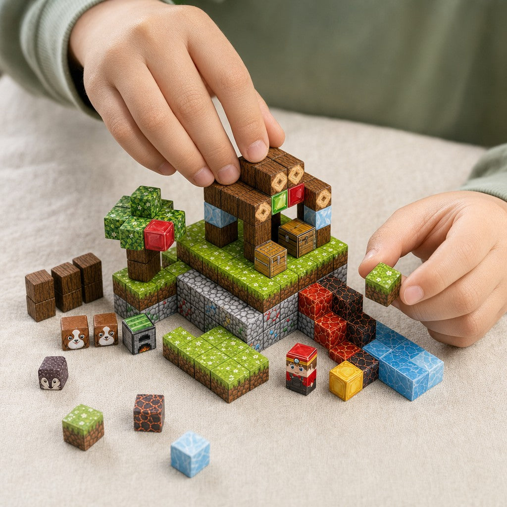 Child's hands building the Pet Paradise magnetic cube set