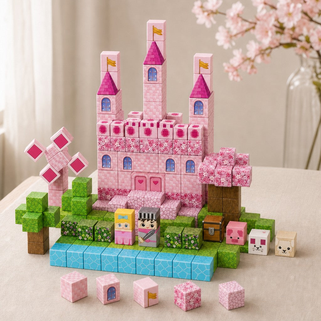 Pink Castle magnetic building cubes, 100 cubes set built on a table