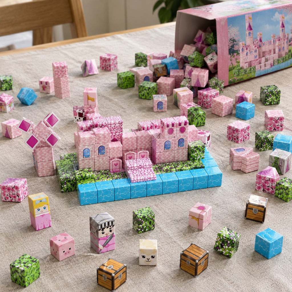 Pink Castle magnetic cubes spread on the table, build in progress