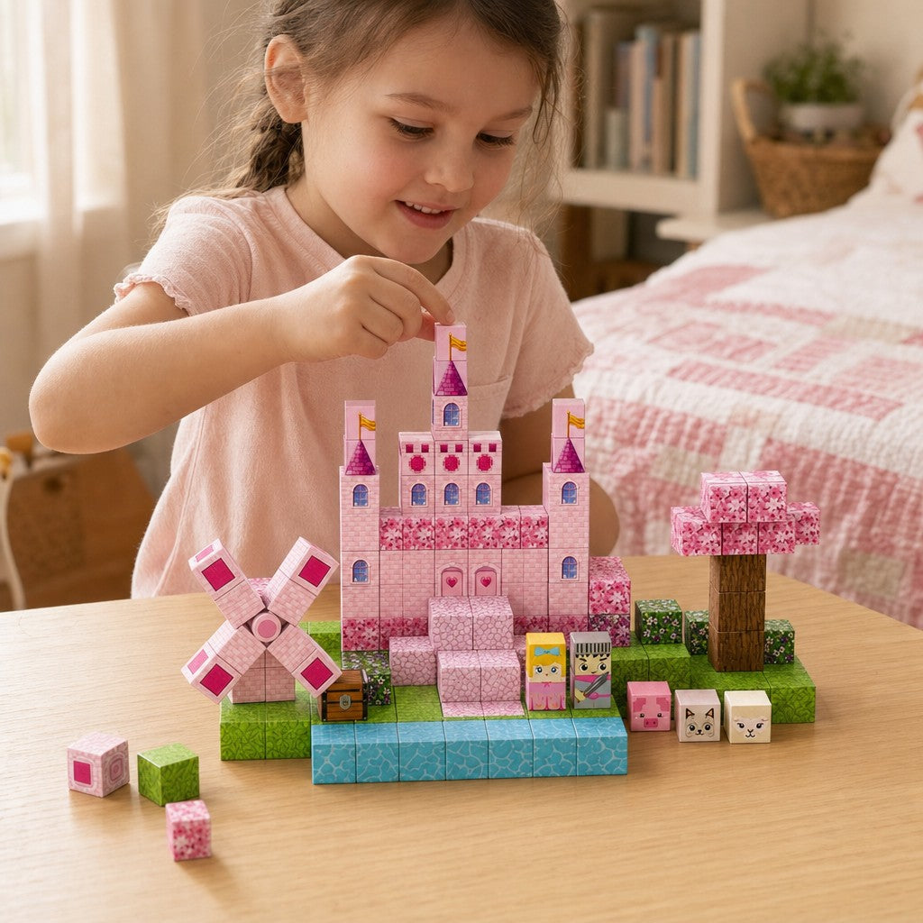 Child building the Pink Castle set with magnetic cubes