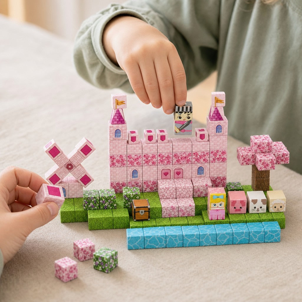 Child's hands building the Pink Castle magnetic cube set