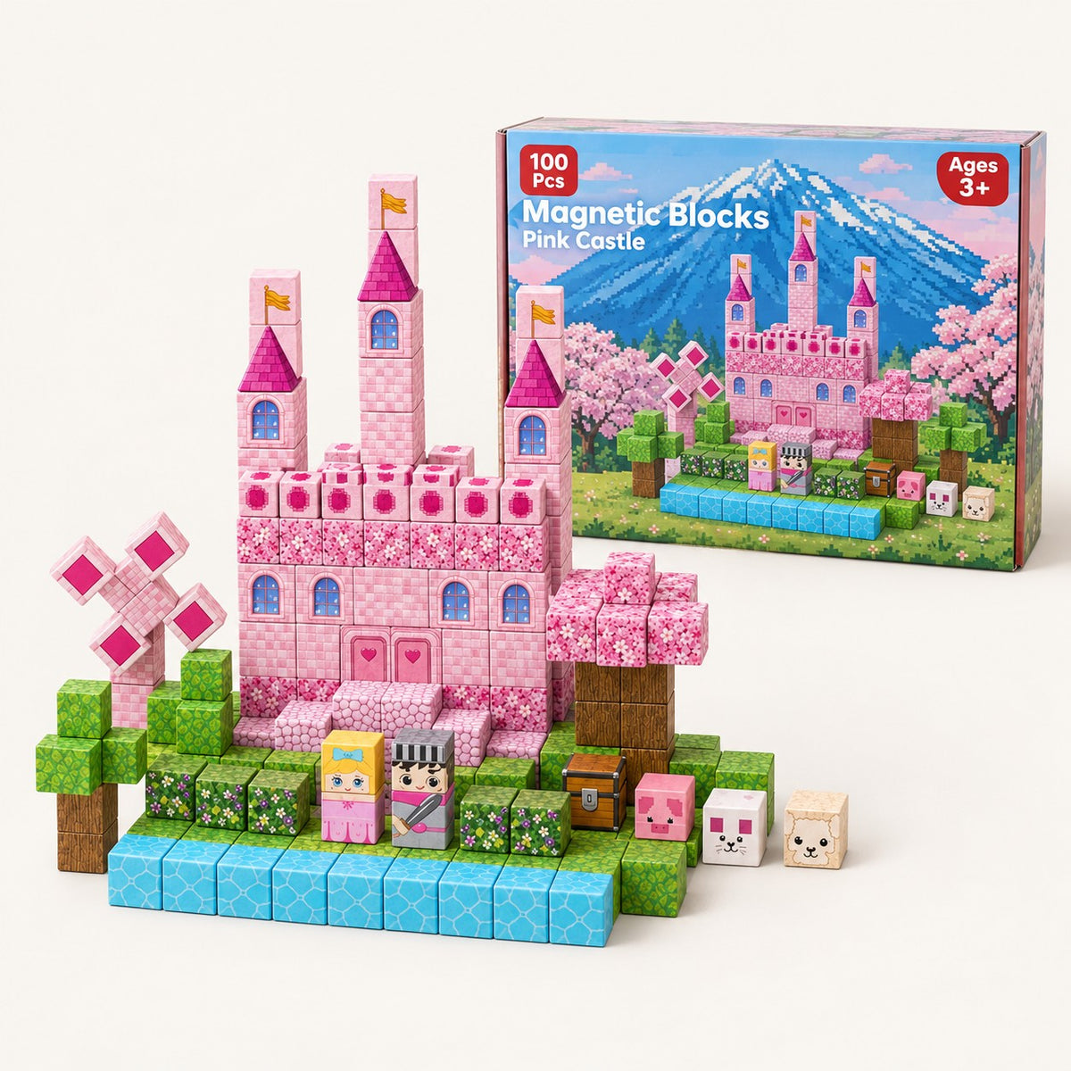 Pink Castle magnetic building cubes set with its box