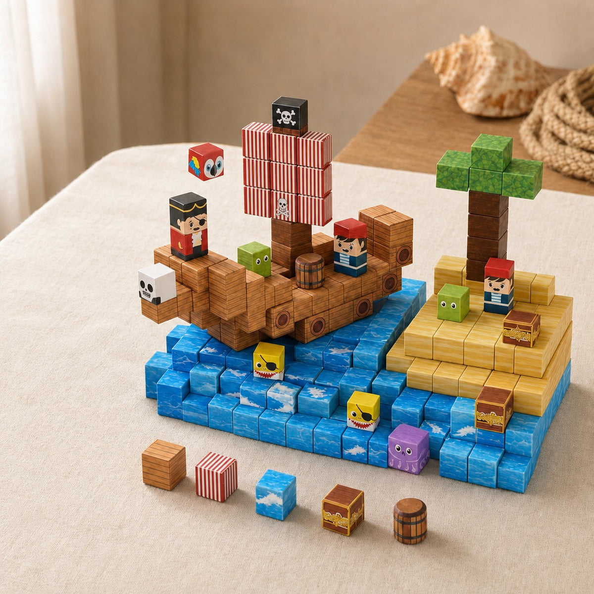 Pirate Ship magnetic building cubes, 100 cubes set built on a table