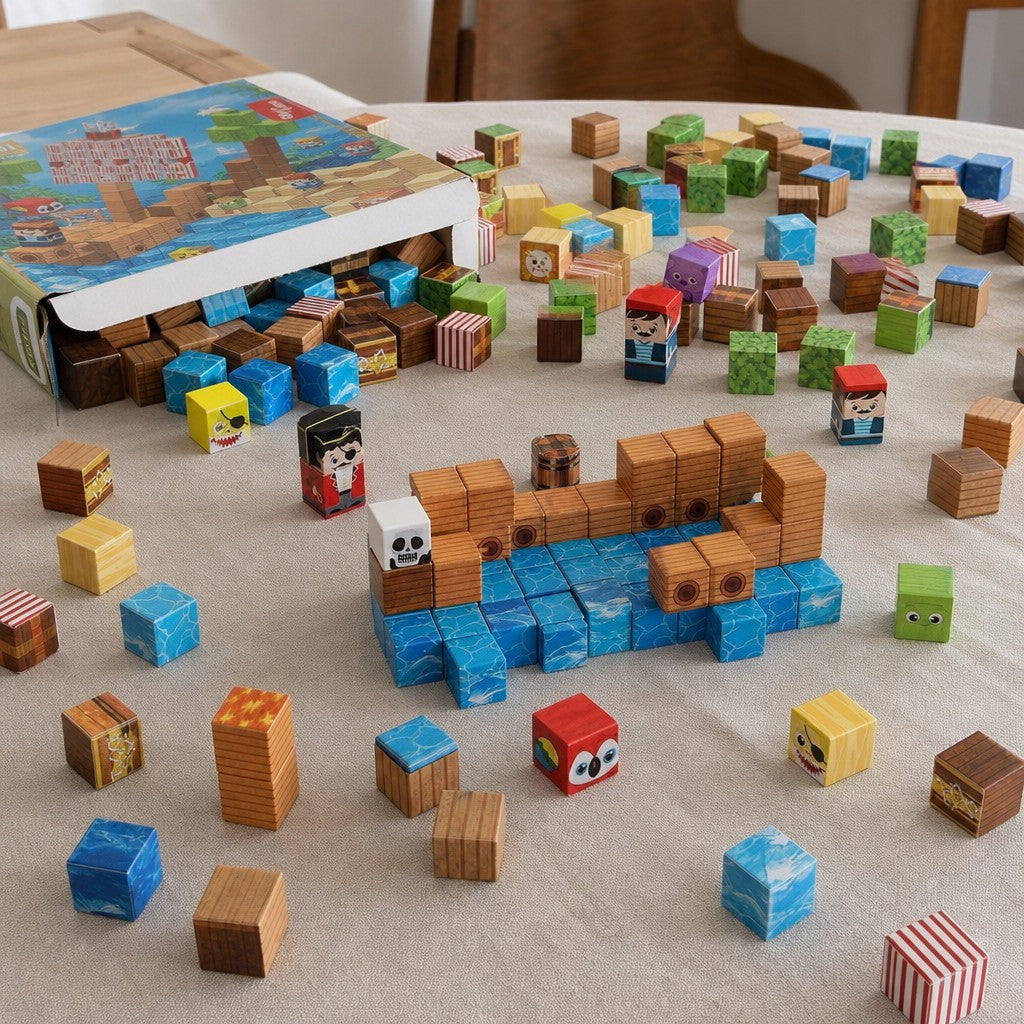 Pirate Ship magnetic cubes spread on the table, build in progress