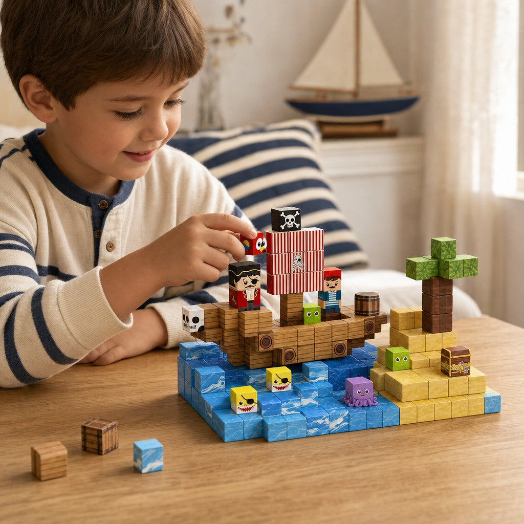 Child building the Pirate Ship set with magnetic cubes
