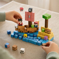 Child's hands building the Pirate Ship magnetic cube set