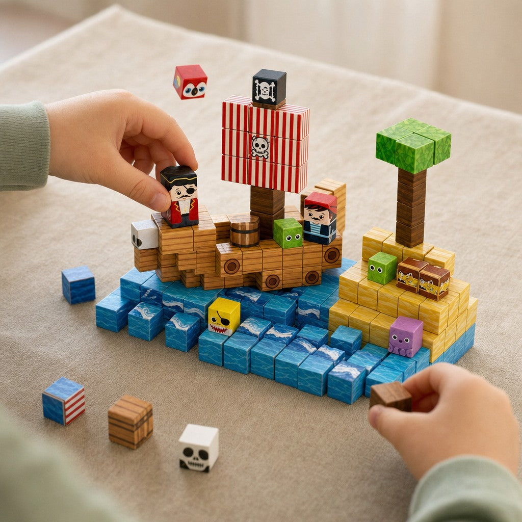 Child's hands building the Pirate Ship magnetic cube set