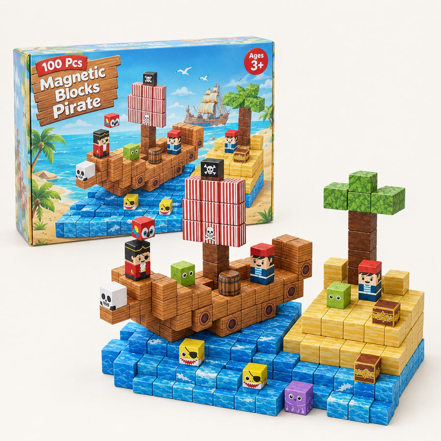 Pirate Ship magnetic building cubes set with its box
