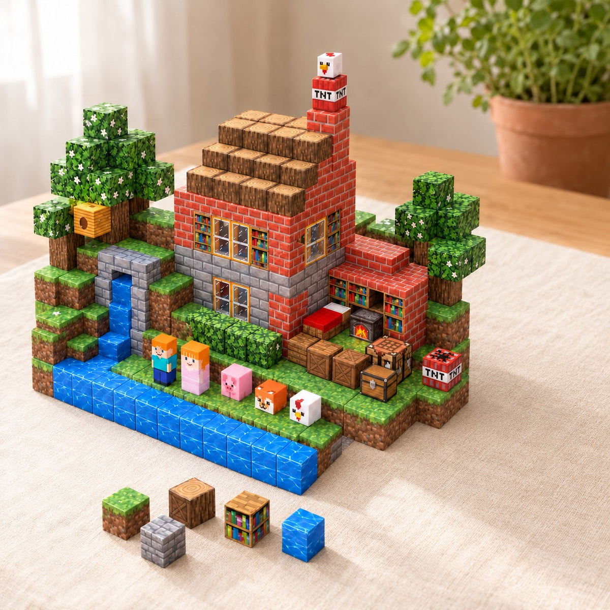 Red Brick House magnetic building cubes, 150 cubes set built on a table