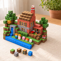 Red Brick House magnetic building cubes, 150 cubes set built on a table