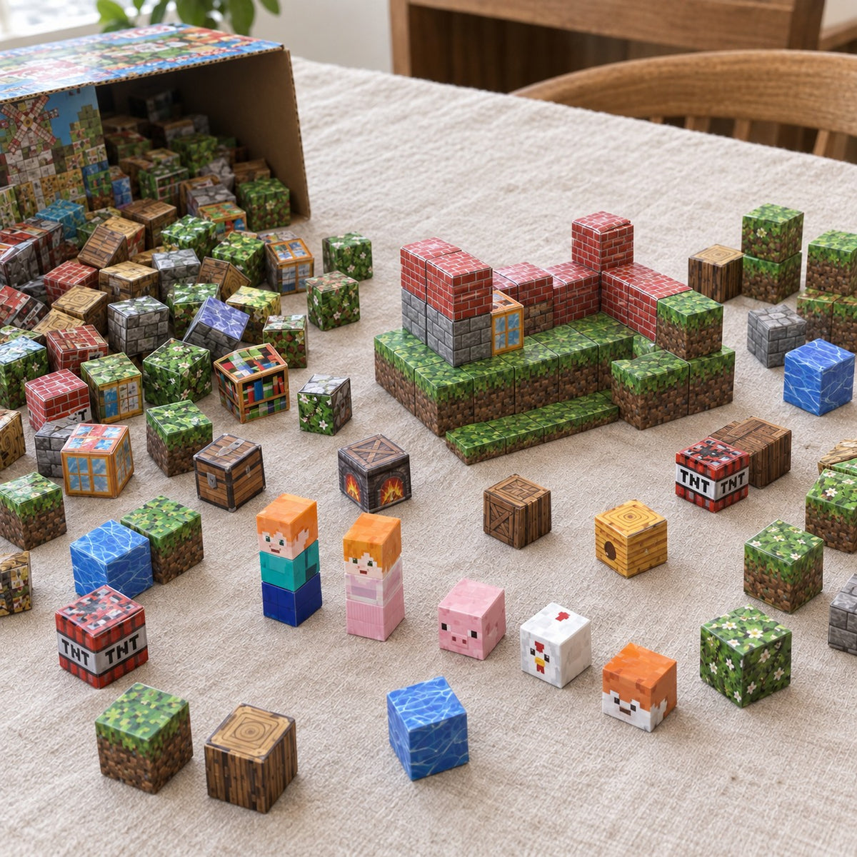Red Brick House magnetic cubes spread on the table, build in progress