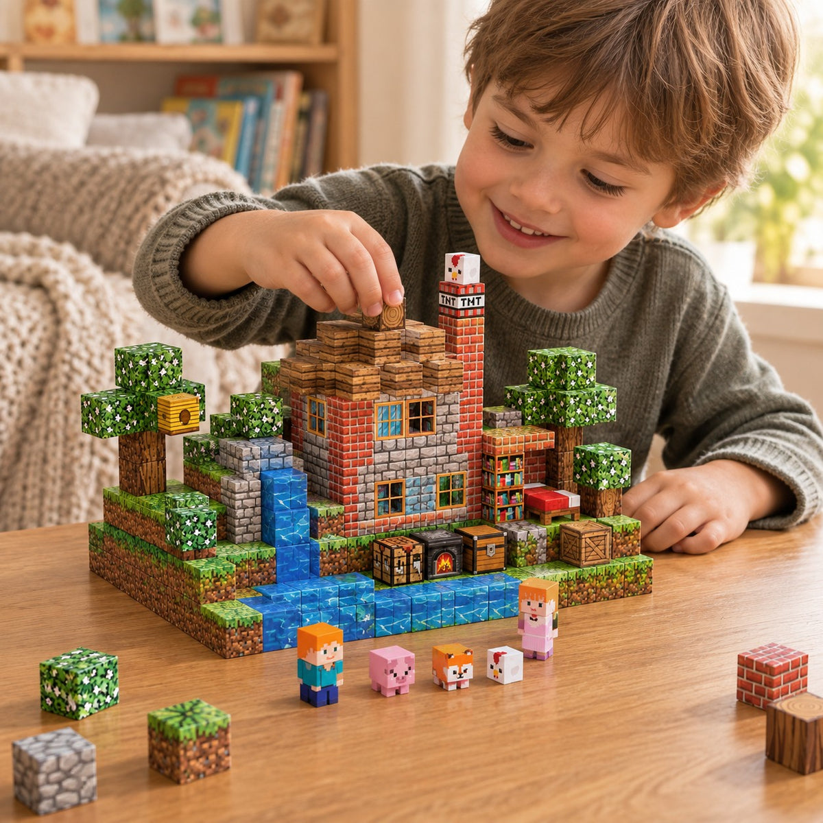 Child building the Red Brick House set with magnetic cubes