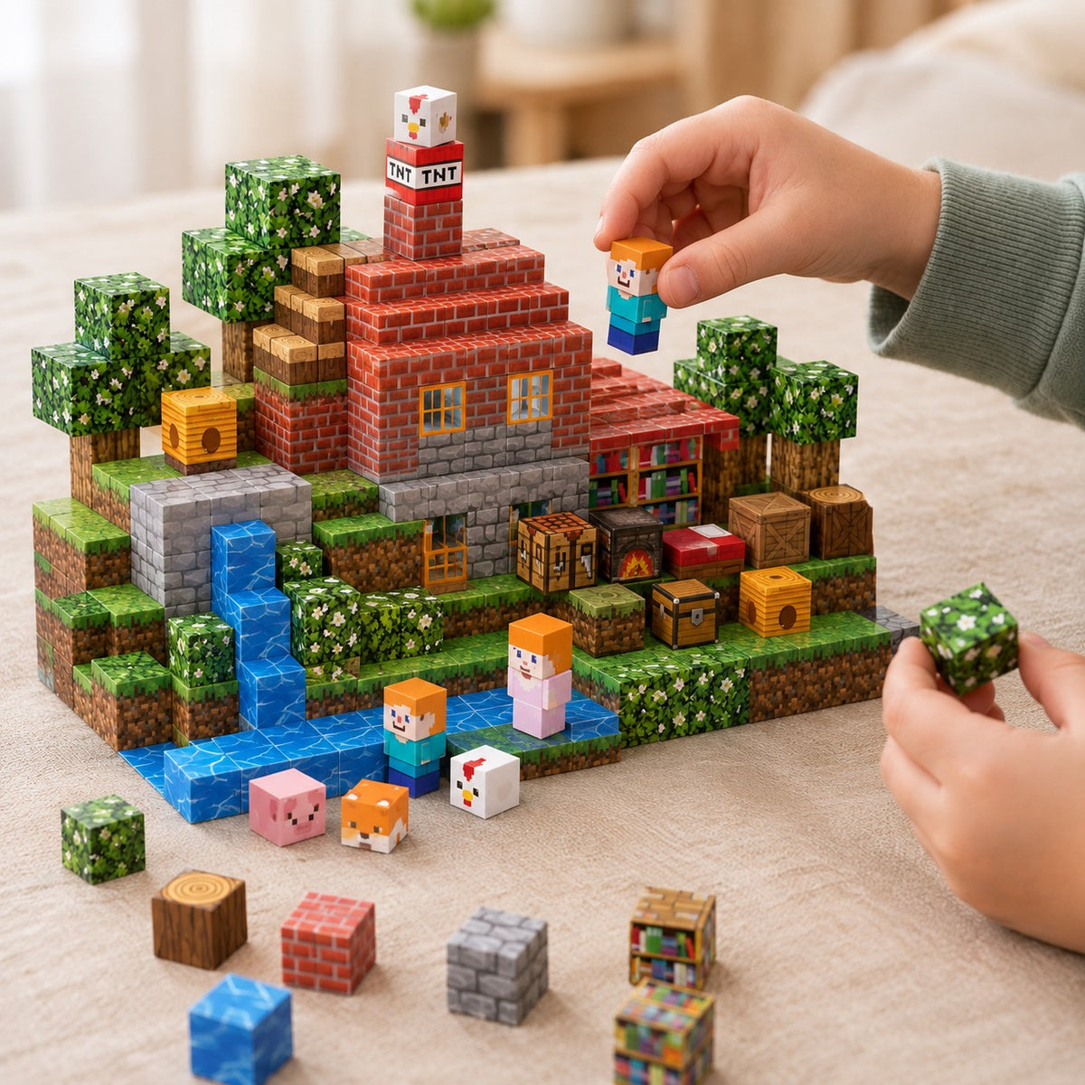 Child's hands building the Red Brick House magnetic cube set