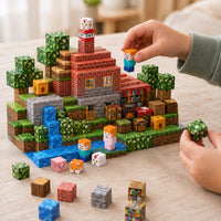 Child's hands building the Red Brick House magnetic cube set