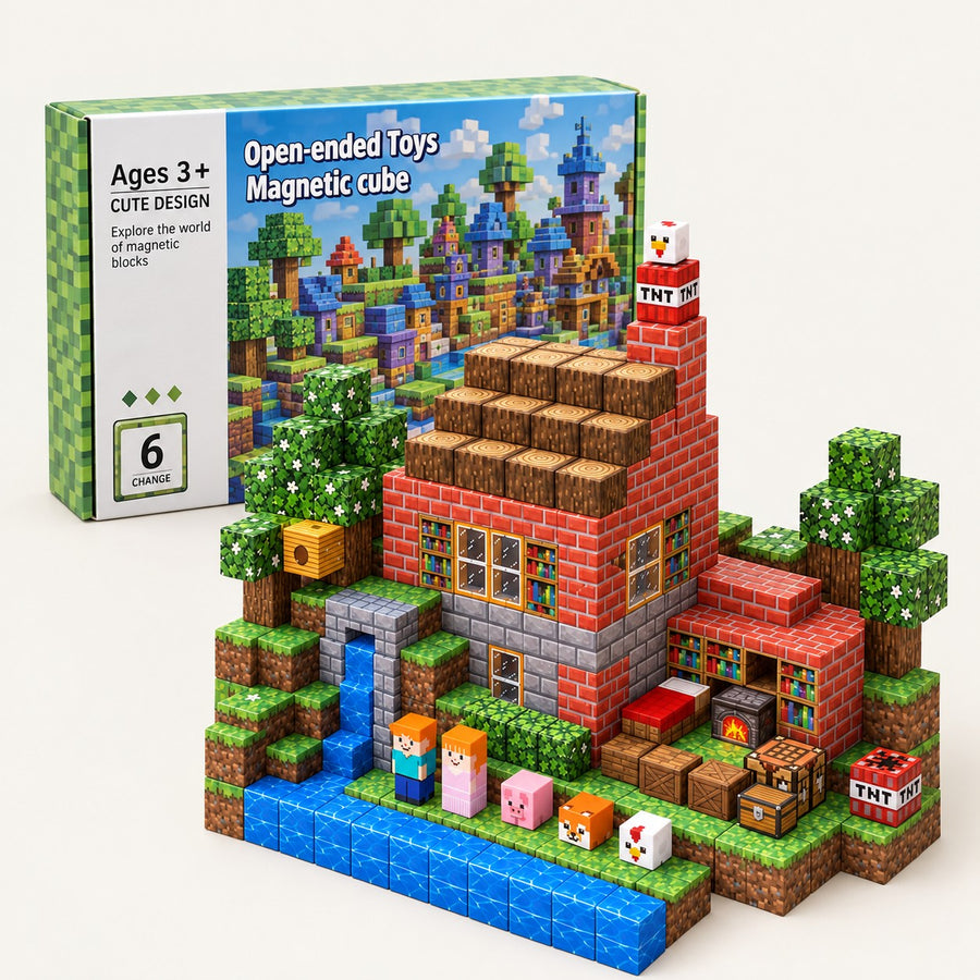 Red Brick House magnetic building cubes set with its box
