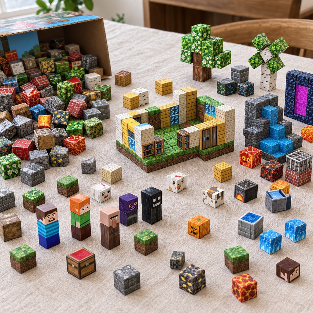 Secret Jungle magnetic cubes spread on the table, build in progress