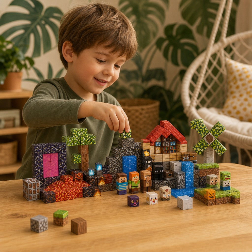 Child building the Secret Jungle set with magnetic cubes