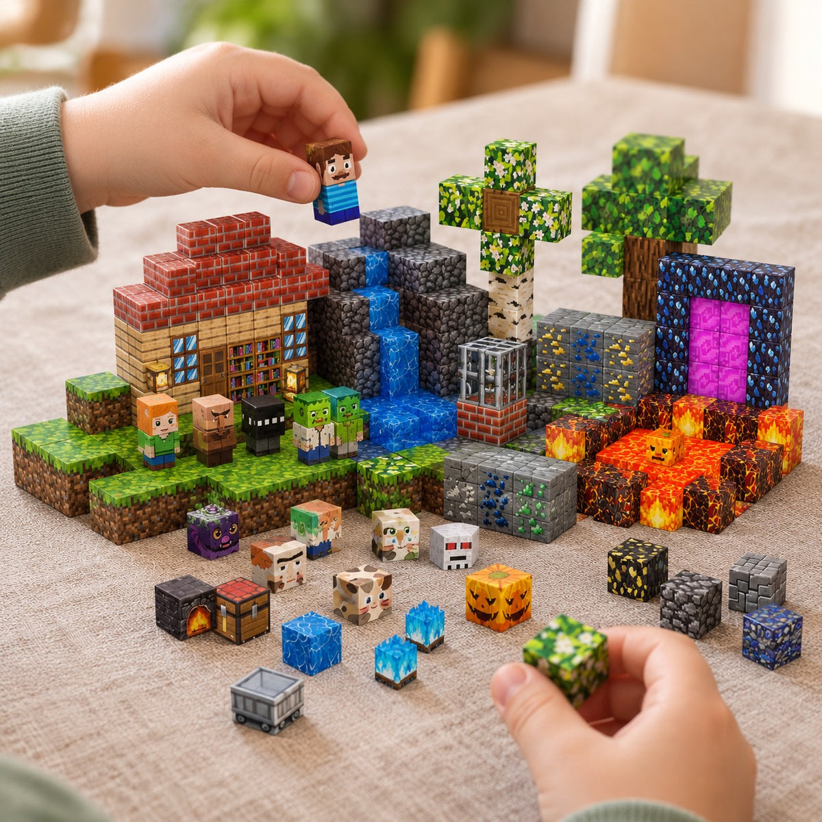 Child's hands building the Secret Jungle magnetic cube set