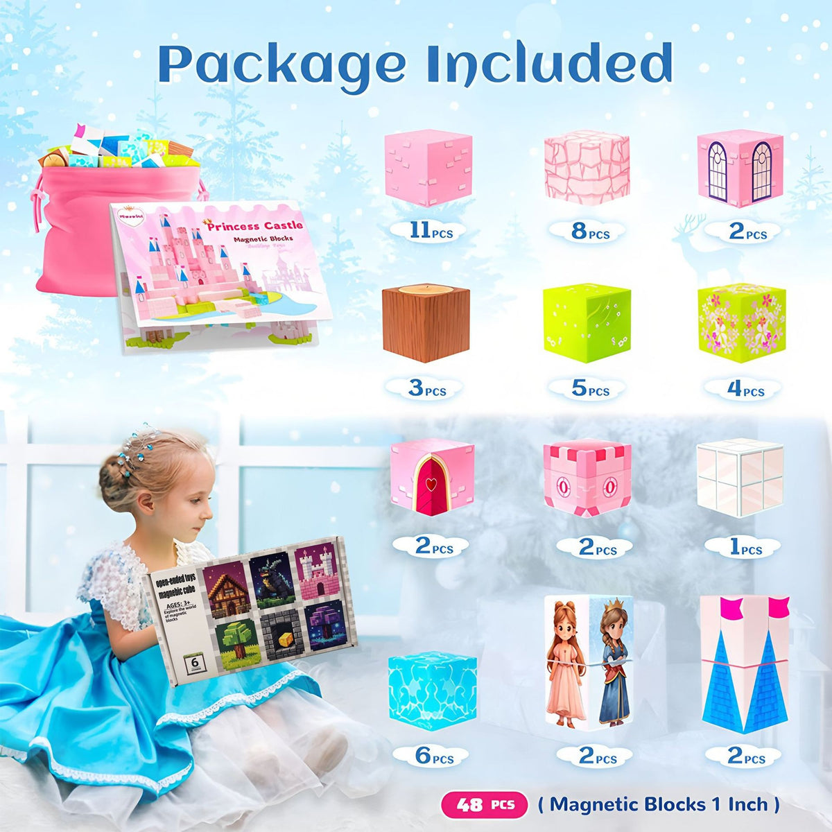 Contents of the 48 cubes Snowy Pink Castle set