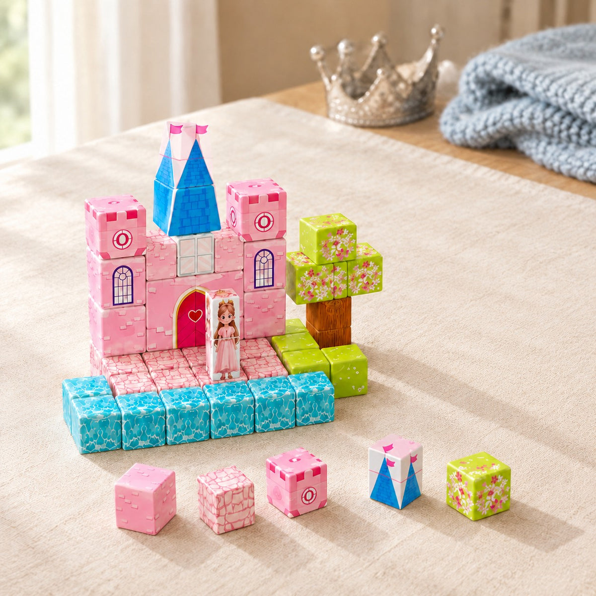 Snowy Pink Castle magnetic building cubes, 48 cubes set built on a table