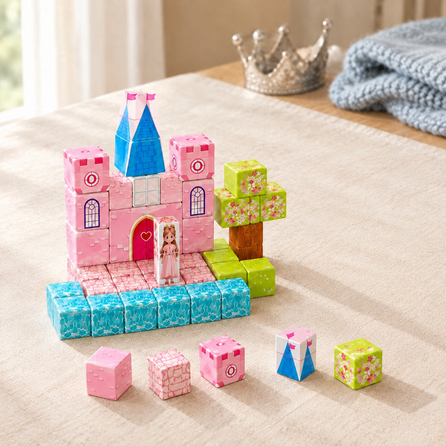 Snowy Pink Castle magnetic building cubes, 48 cubes set built on a table
