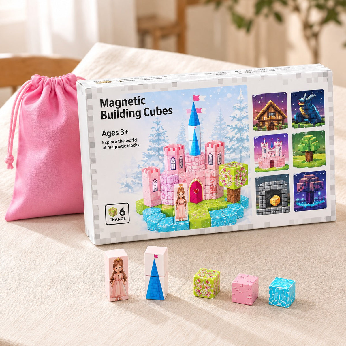 Snowy Pink Castle magnetic building cubes box