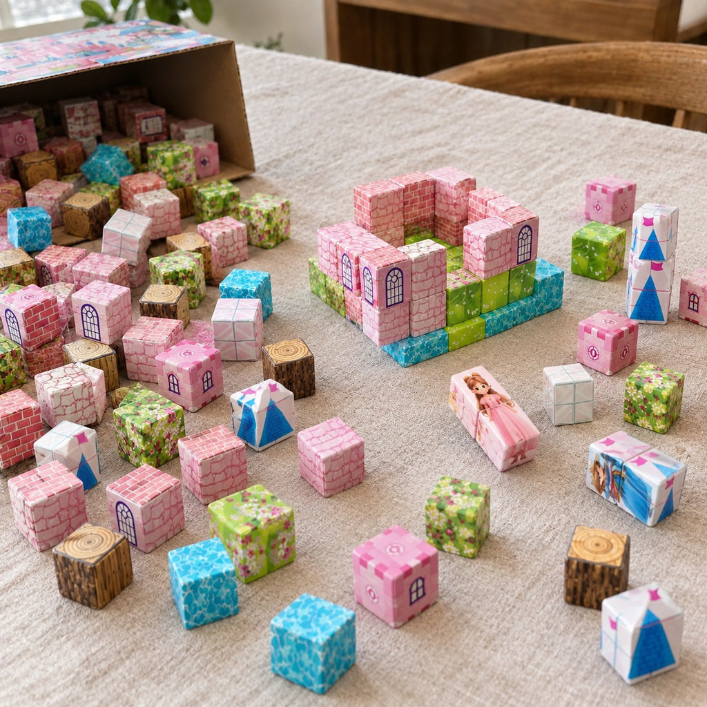 Snowy Pink Castle magnetic cubes spread on the table, build in progress