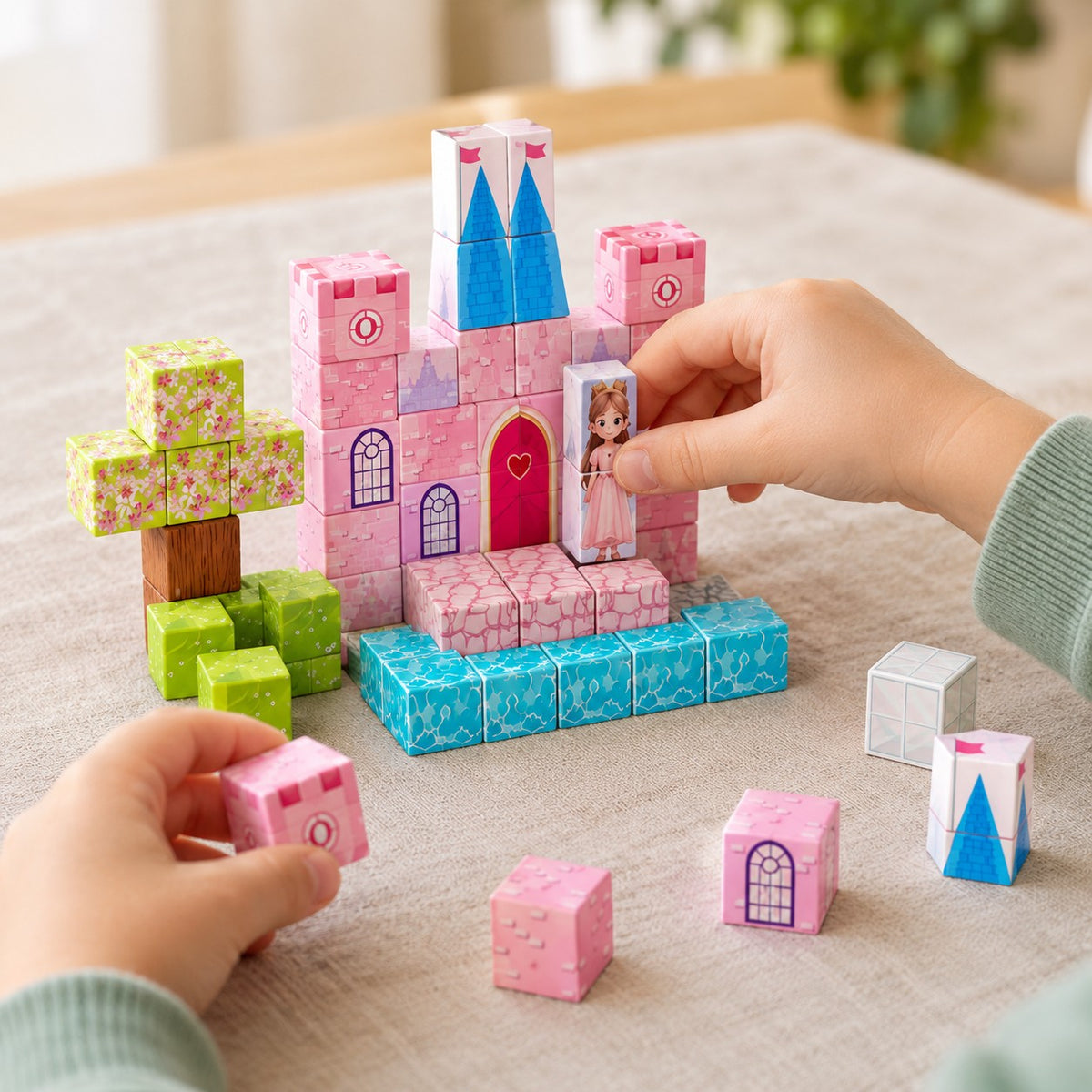 Child's hands building the Snowy Pink Castle magnetic cube set