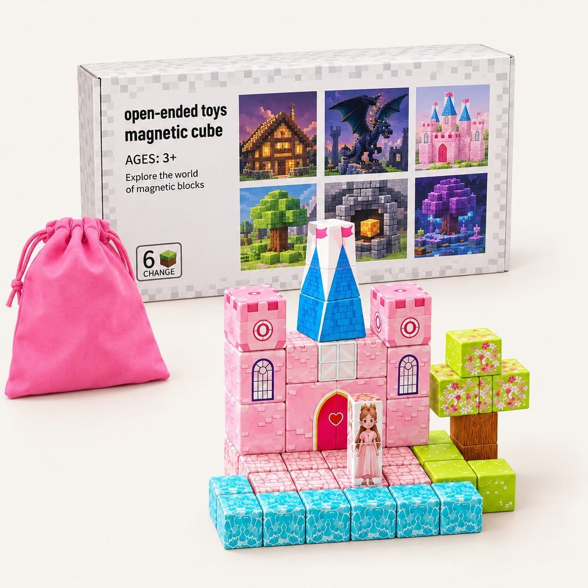 Snowy Pink Castle magnetic building cubes set with its box